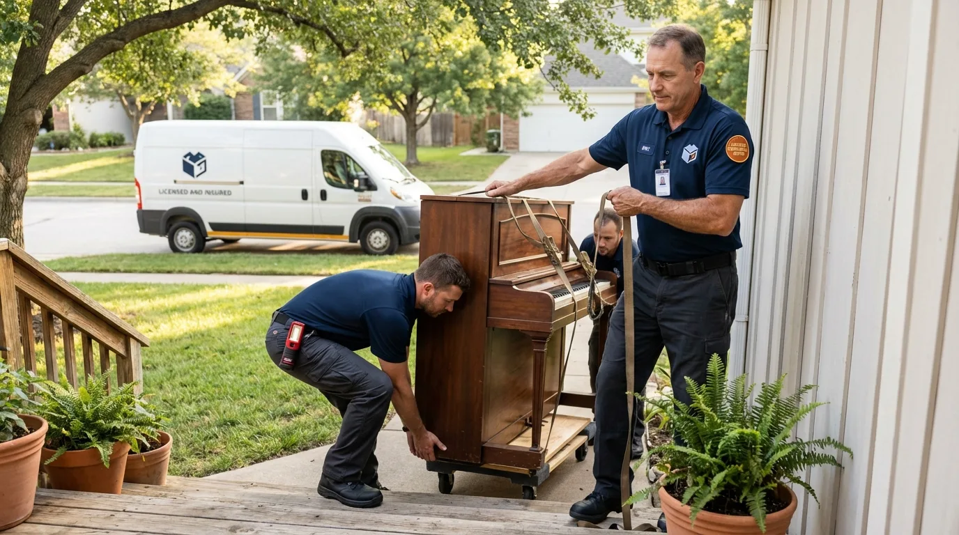 Licensed piano movers securing grand piano in Maysville, MO