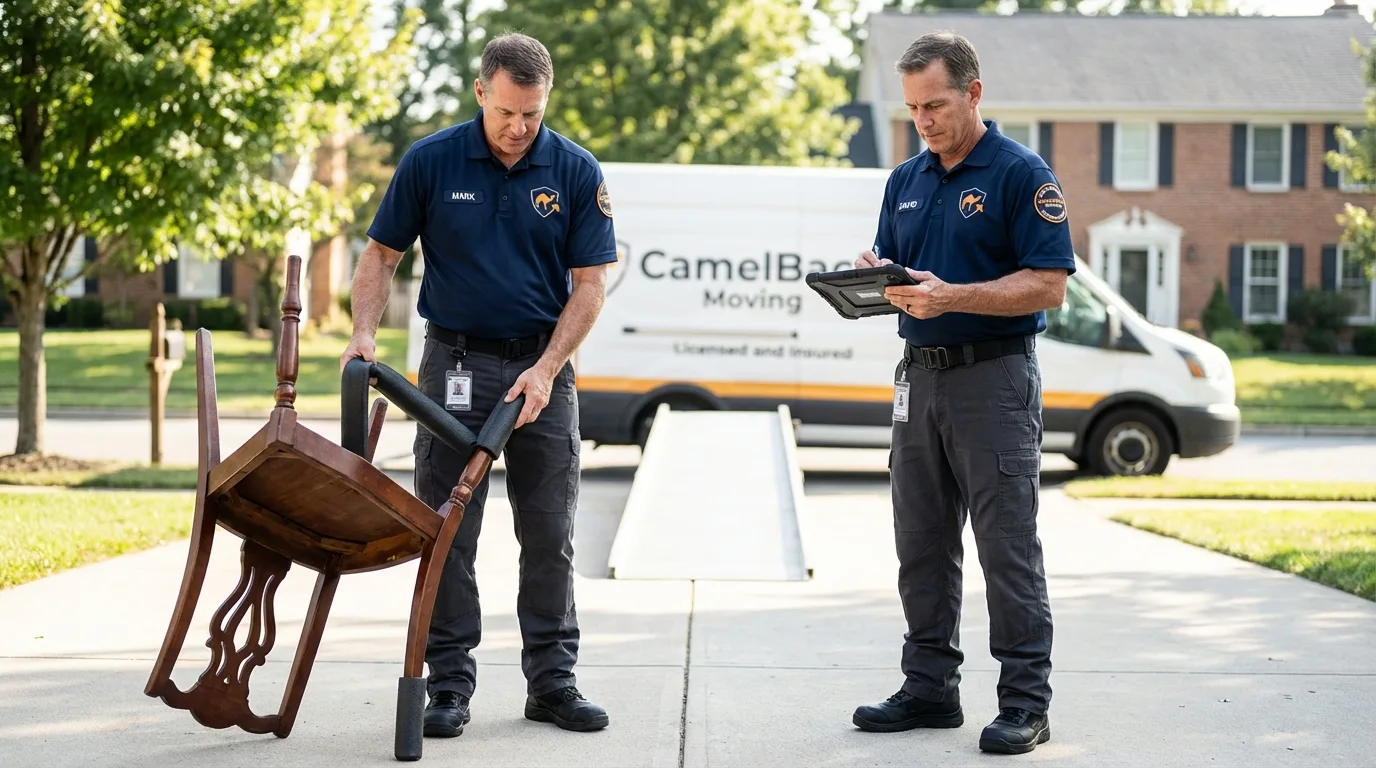 Movers inspecting furniture for damage prevention before loading in Maysville, MO